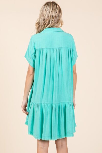 Kvinnors Mini Klänning Button Down Linneblandning 4