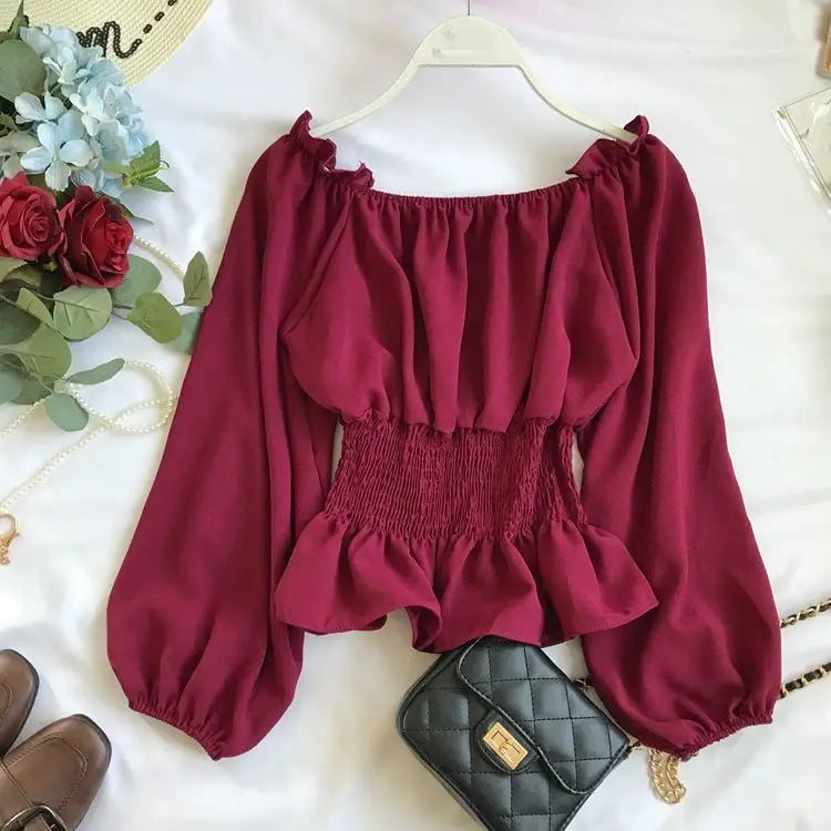Kvinnors Off Shoulder Blus med Volang 9