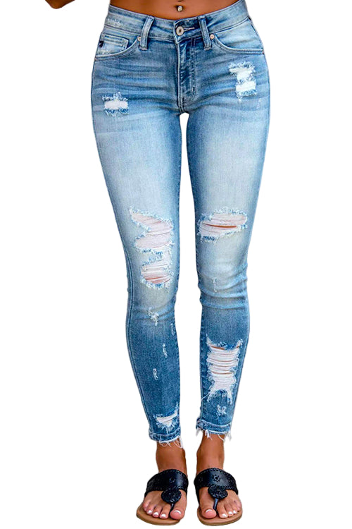 Kvinnors Stretchiga Pencil Jeans med Rå Hem 0