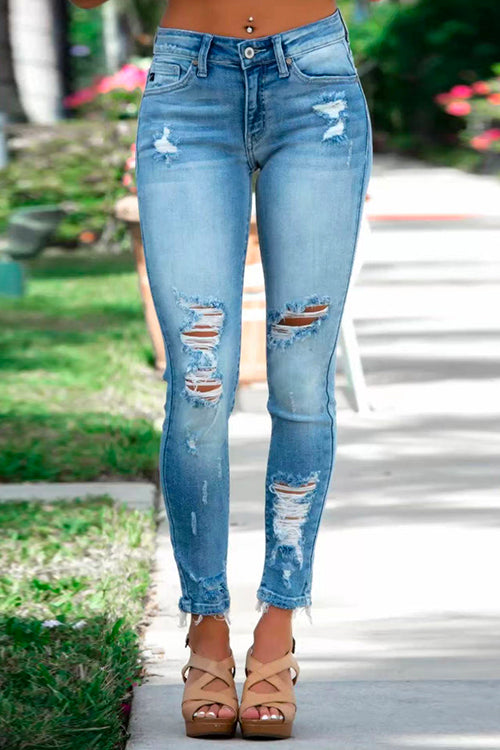 Kvinnors Stretchiga Pencil Jeans med Rå Hem 2