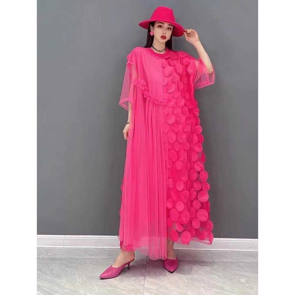 Kvinnors Tulle Klänning O-Hals Asymmetrisk Halvärm 9