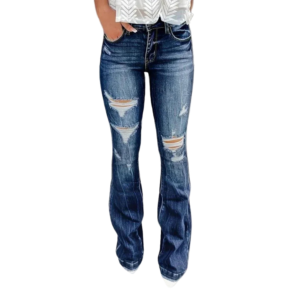 Kvinnors Utsvängda Jeans Med Rippade Detaljer 0