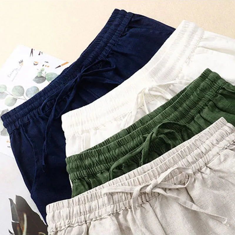 Kvinnors Vida Byxor Hög Midja Elastisk Bomull Linne 4
