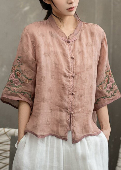 Kvinnors Vintage Kinesisk Blus med Broderi Halvärmad 3