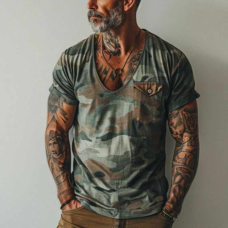Mäns T-shirt V-ringad Retro Camo Stil 1