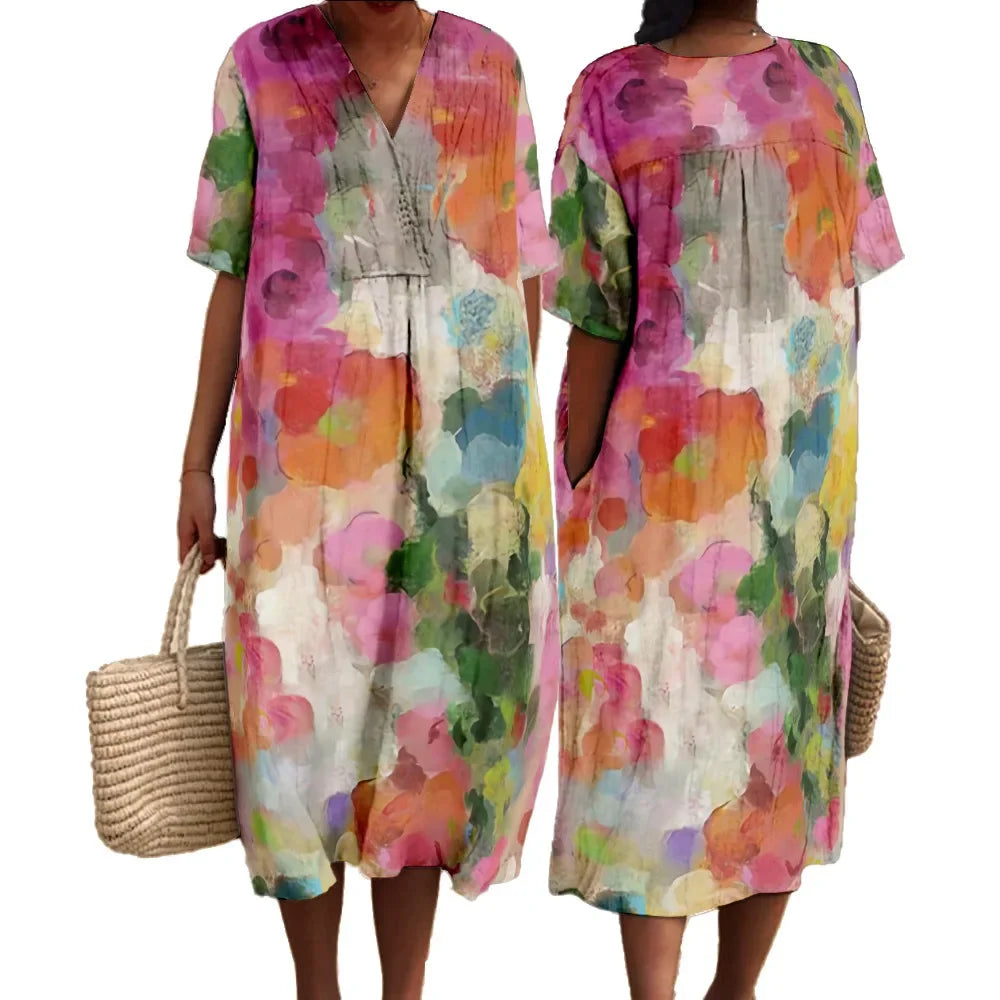 Maxiklänning Dam V-ringad Kort Ärmar Digitaltryck Sommar 2