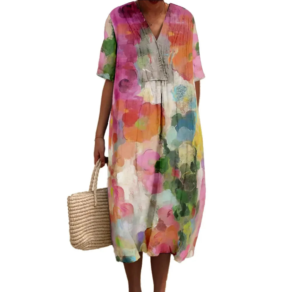 Maxiklänning Dam V-ringad Kort Ärmar Digitaltryck Sommar 3