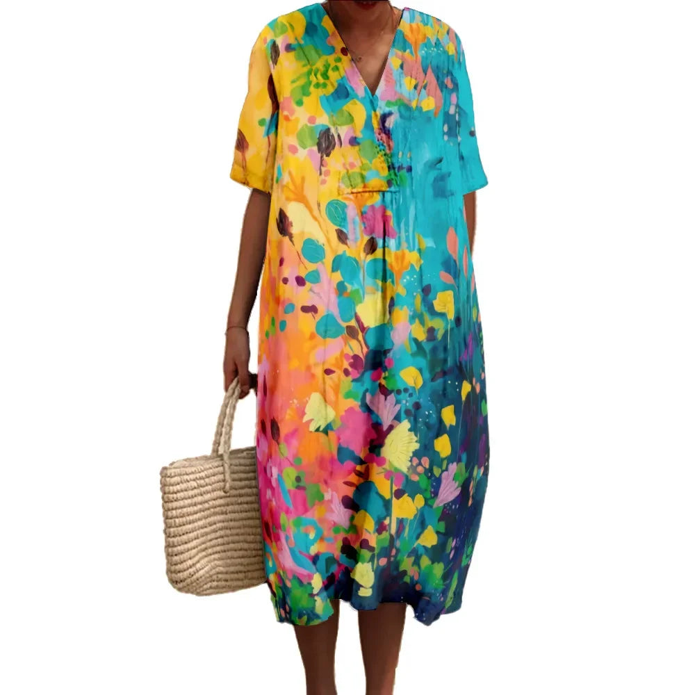 Maxiklänning Dam V-ringad Kort Ärmar Lätt Draperad Tyg 3