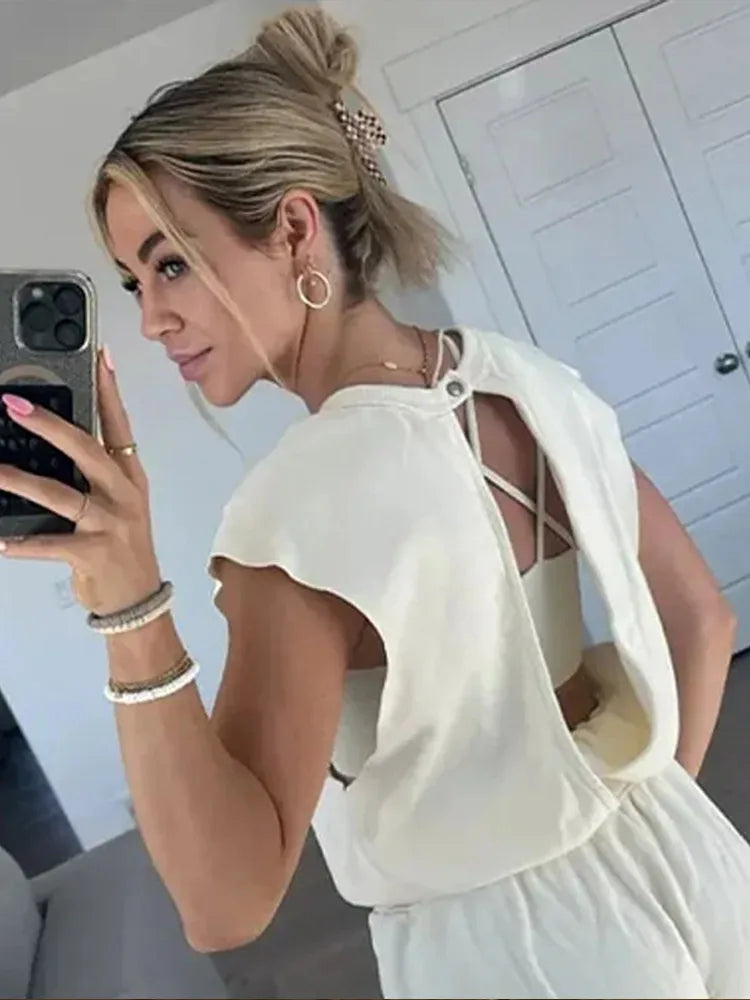 Dam Jumpsuit Avslappnad Stil med Dragsko och Öppen Rygg Polyester-3