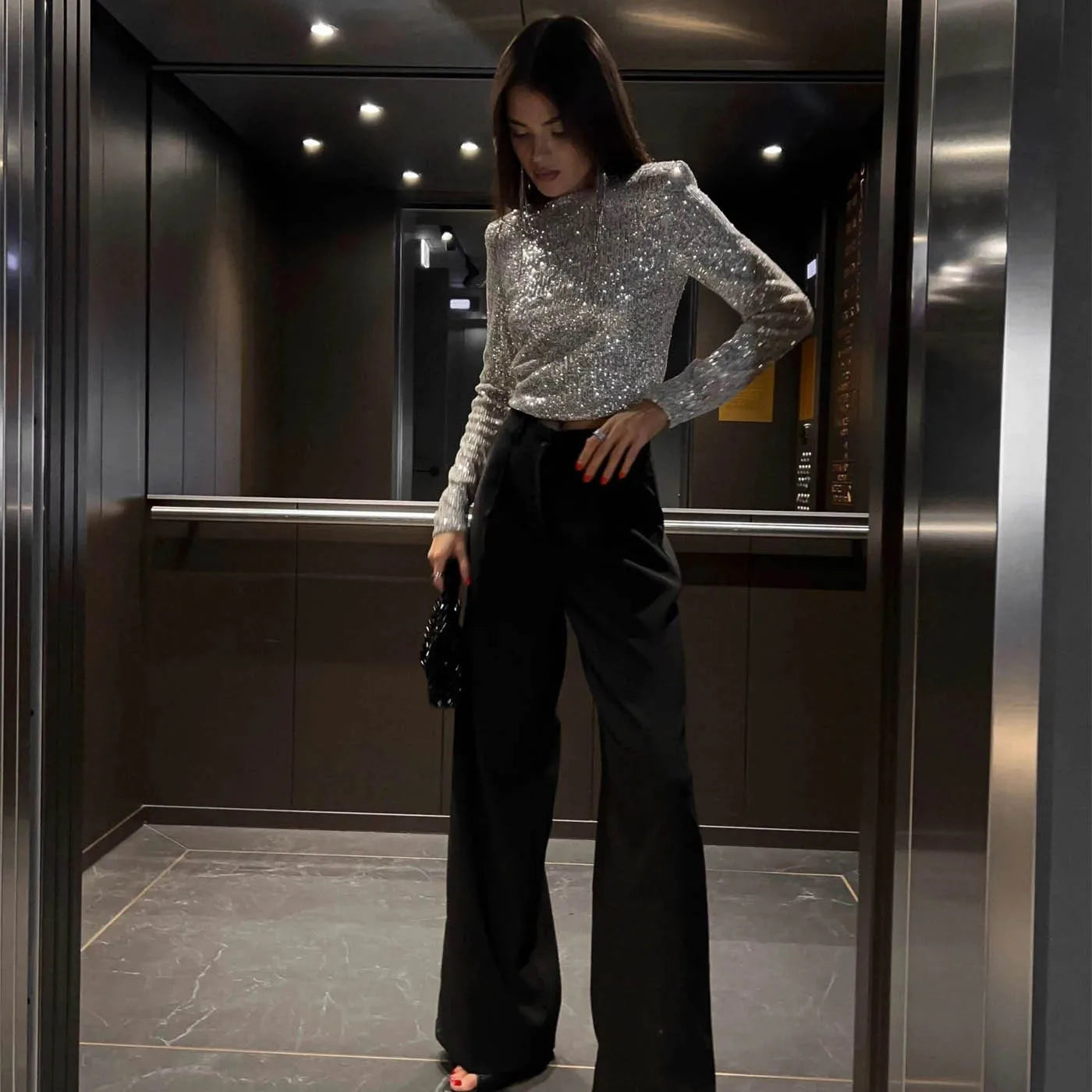 Dam Glittrig Festtopp med Paljetter i Andningsbart Material 5