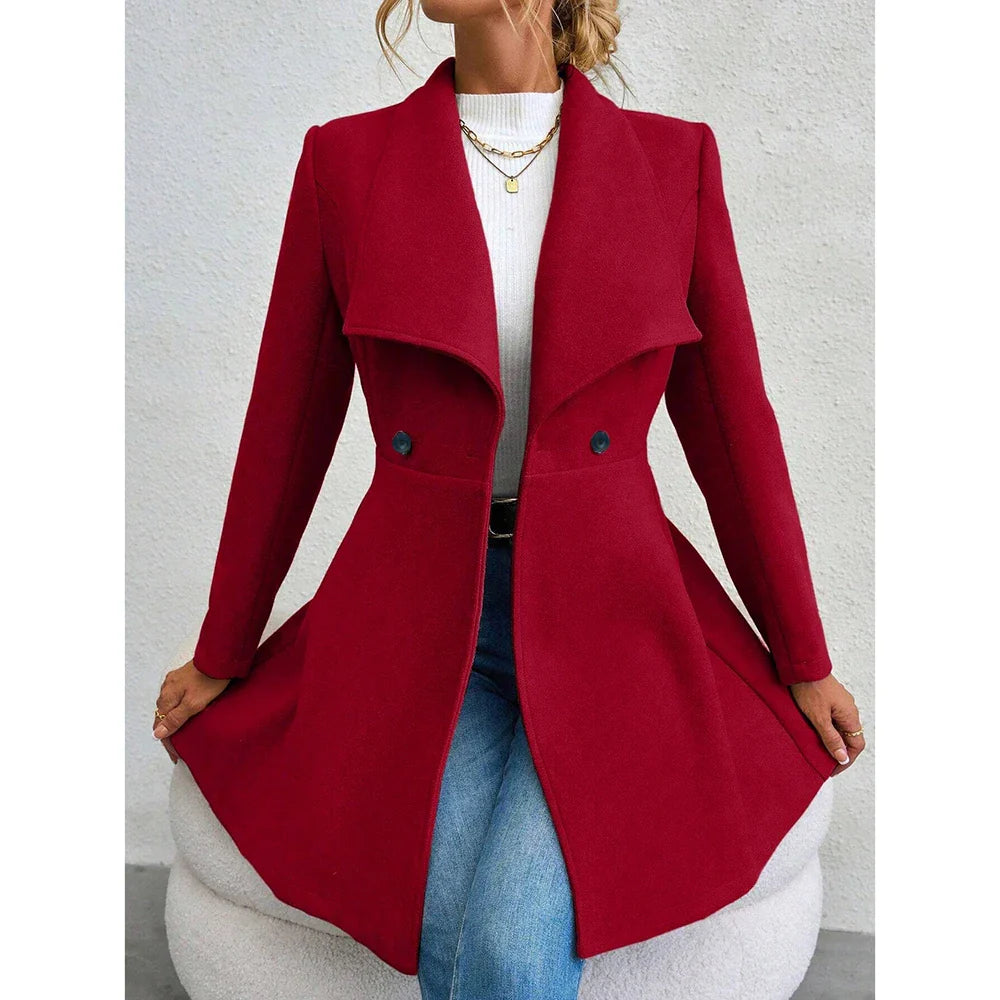 Dam Uldfrakke Grå Elegant Dubbelknäppt Uldblandning-2