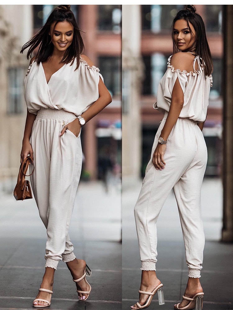 Dam Jumpsuit Öppna Axlar V-ringning Polyester-4