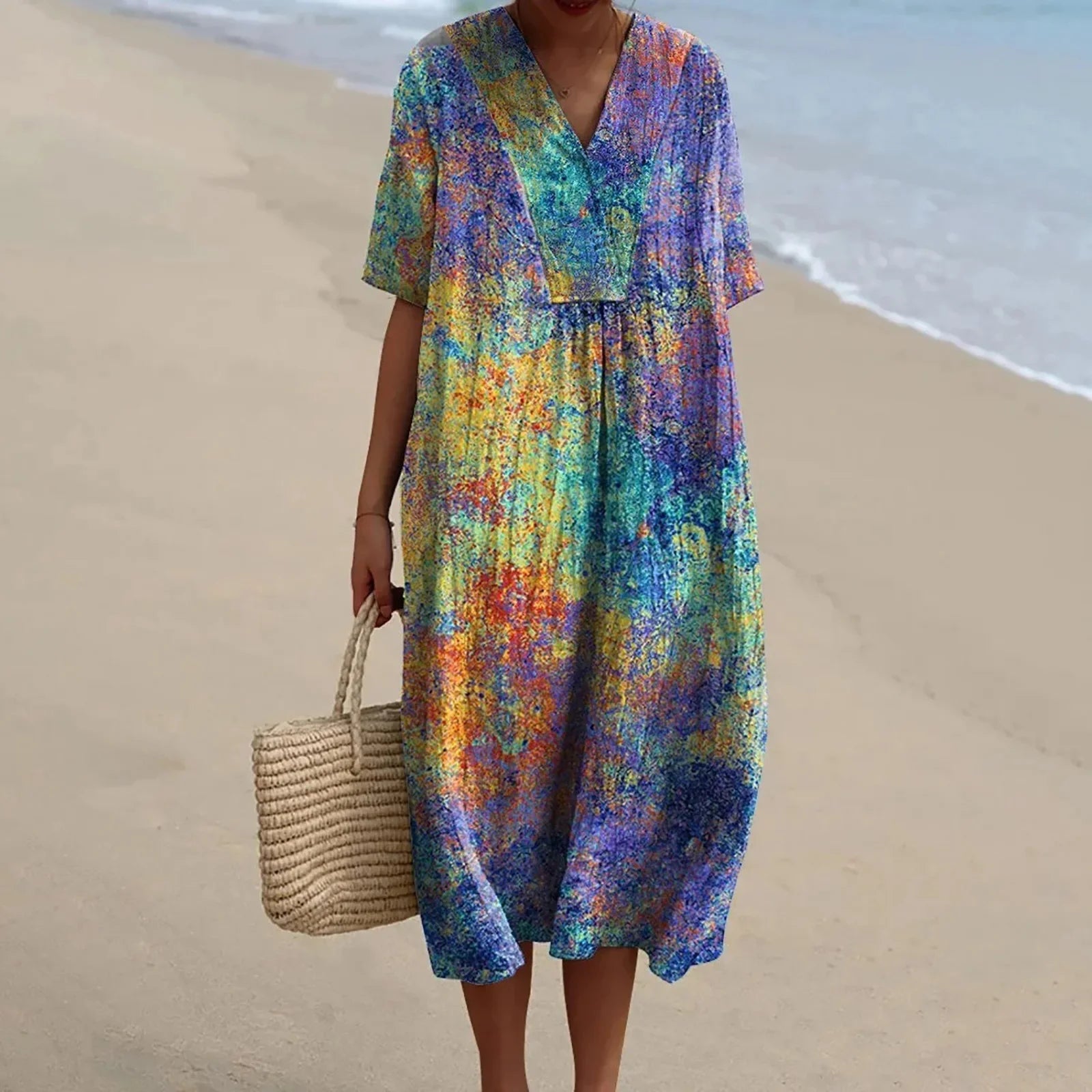 Skjortklänning Dam Kort Ärmar Blommönster Plus Size Hållbart Material 13