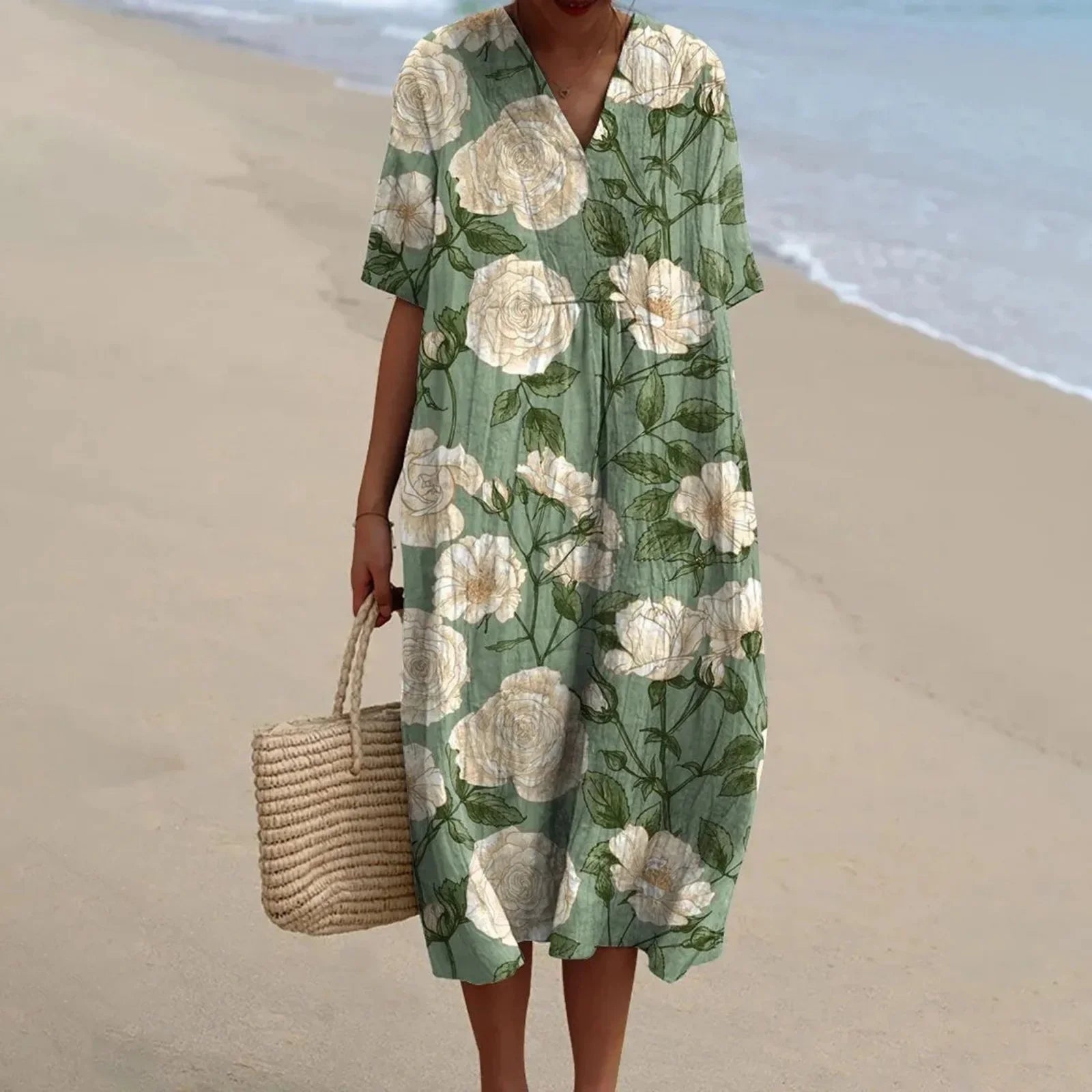 Skjortklänning Dam Kort Ärmar Blommönster Plus Size Hållbart Material 23