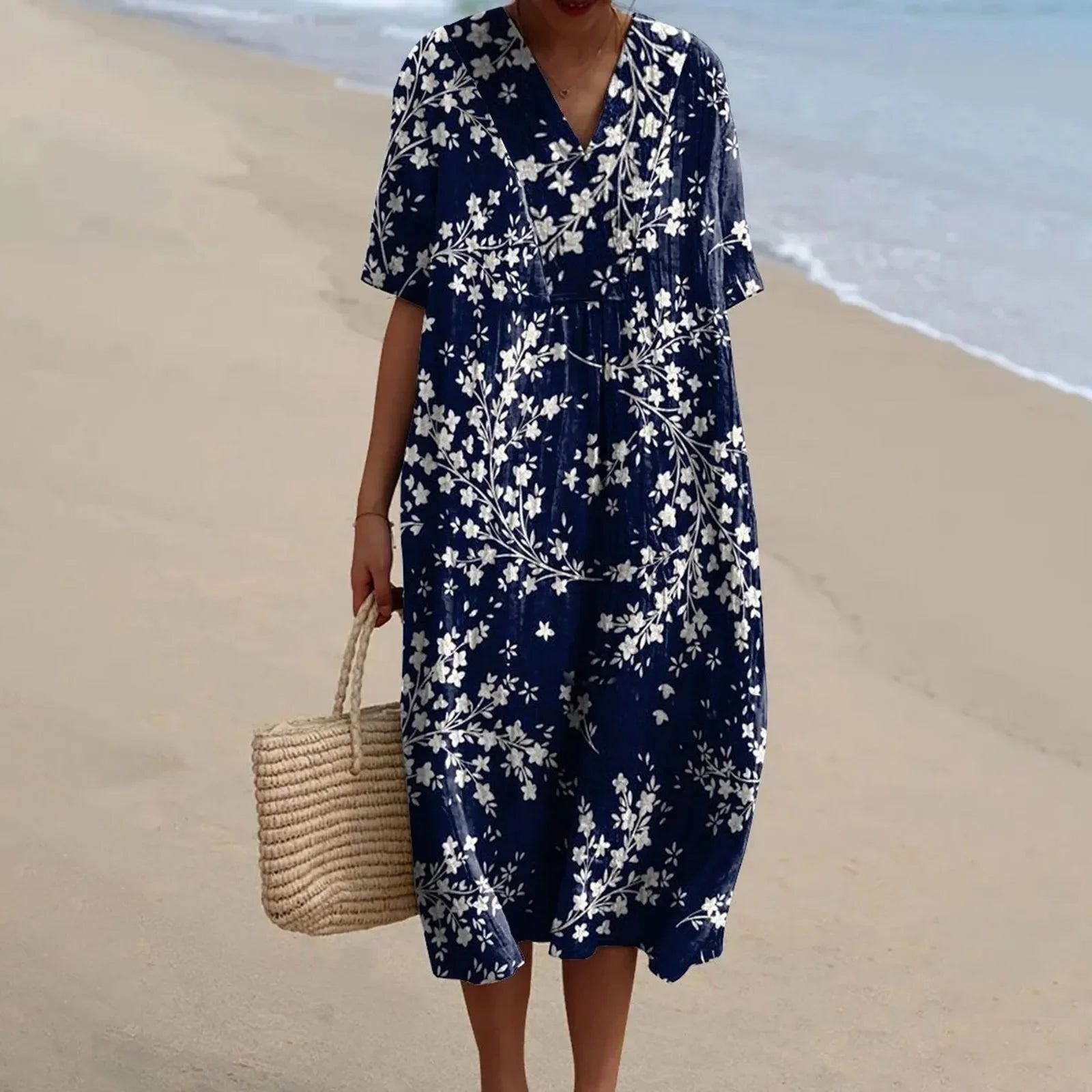 Skjortklänning Dam Kort Ärmar Blommönster Plus Size Hållbart Material 24