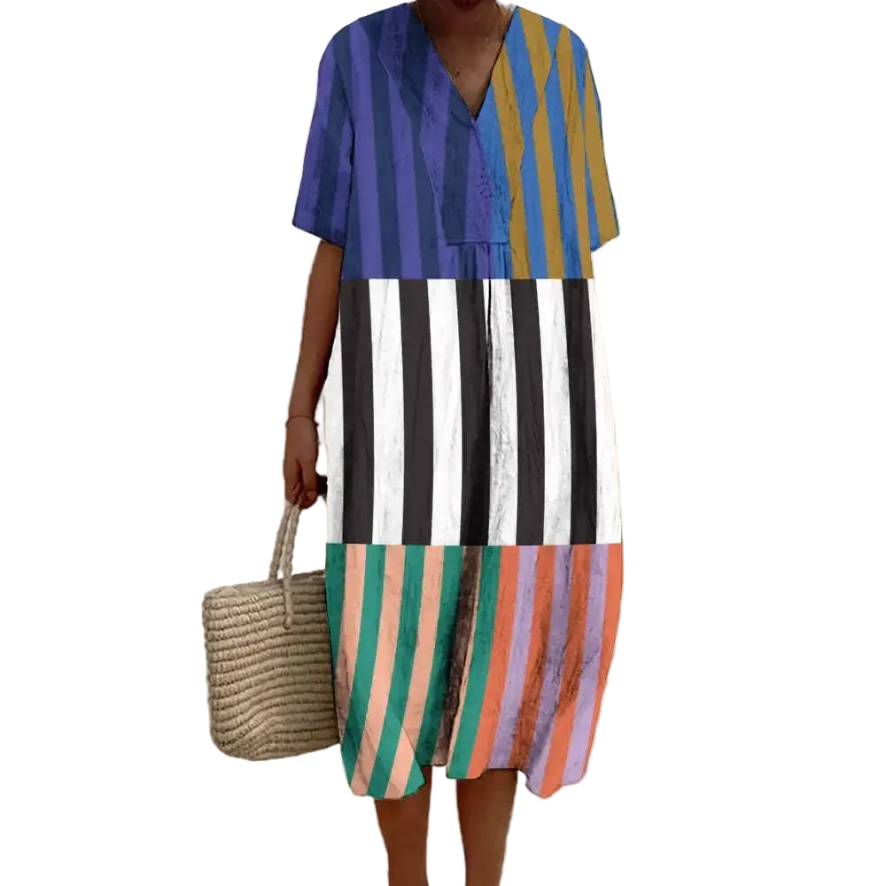 Skjortklänning Dam Randig Färgblock Ankel-längd Kort Ärmar Polyester 0