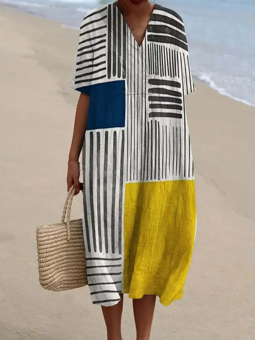 Skjortklänning Dam Randig Färgblock Ankel-längd Kort Ärmar Polyester 7