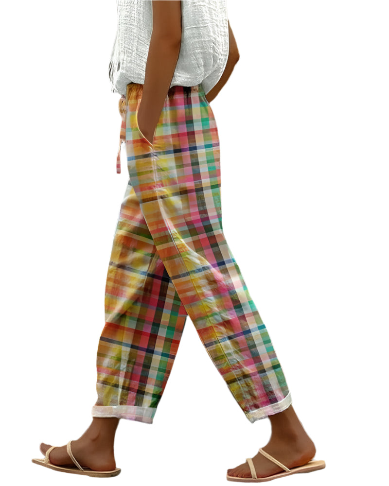 Snygga Byxor Dam Rutigt Mönster Medelhög Midja Mjuk Blandning 0