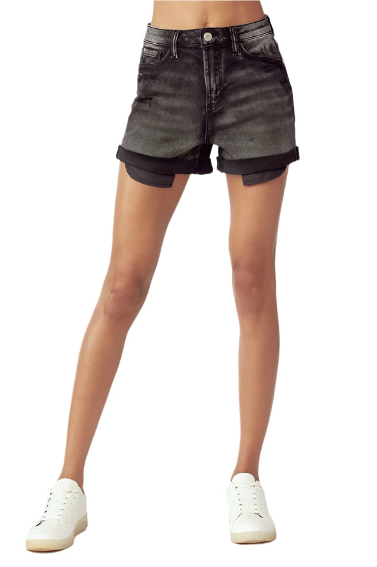 Svart Högmidjade Rullade Shorts 0