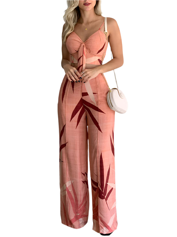 Tvådelat Set Dam V-Ringad Topp Högmidjade Vida Byxor Polyester 0