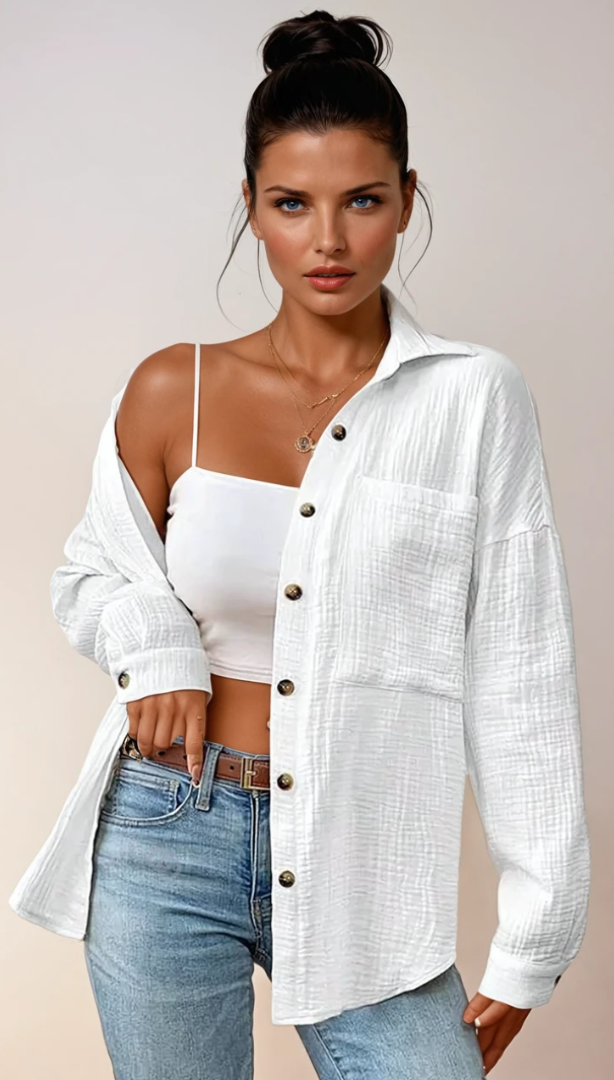 Vit Dam Blus Knappdesign 100% Bomull Avslappnad Stil 1