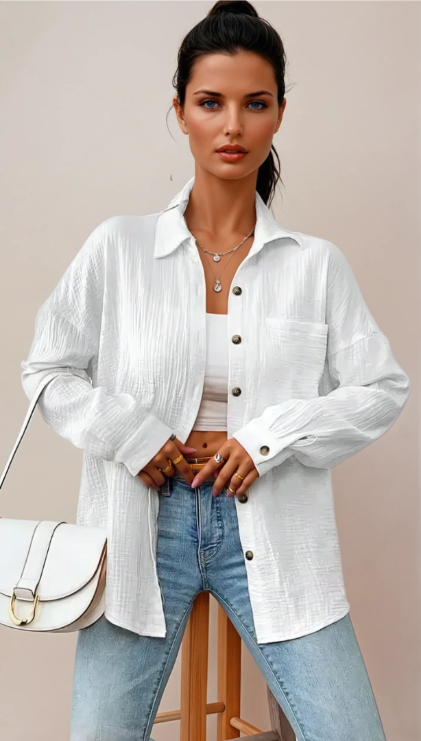 Vit Dam Blus Knappdesign 100% Bomull Avslappnad Stil 3