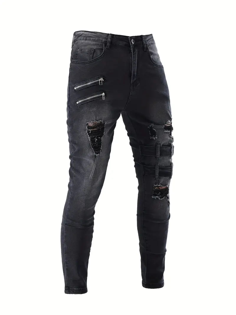 Herr Biker Jeans Avslappnad Denim Med Quiltade Detaljer-5