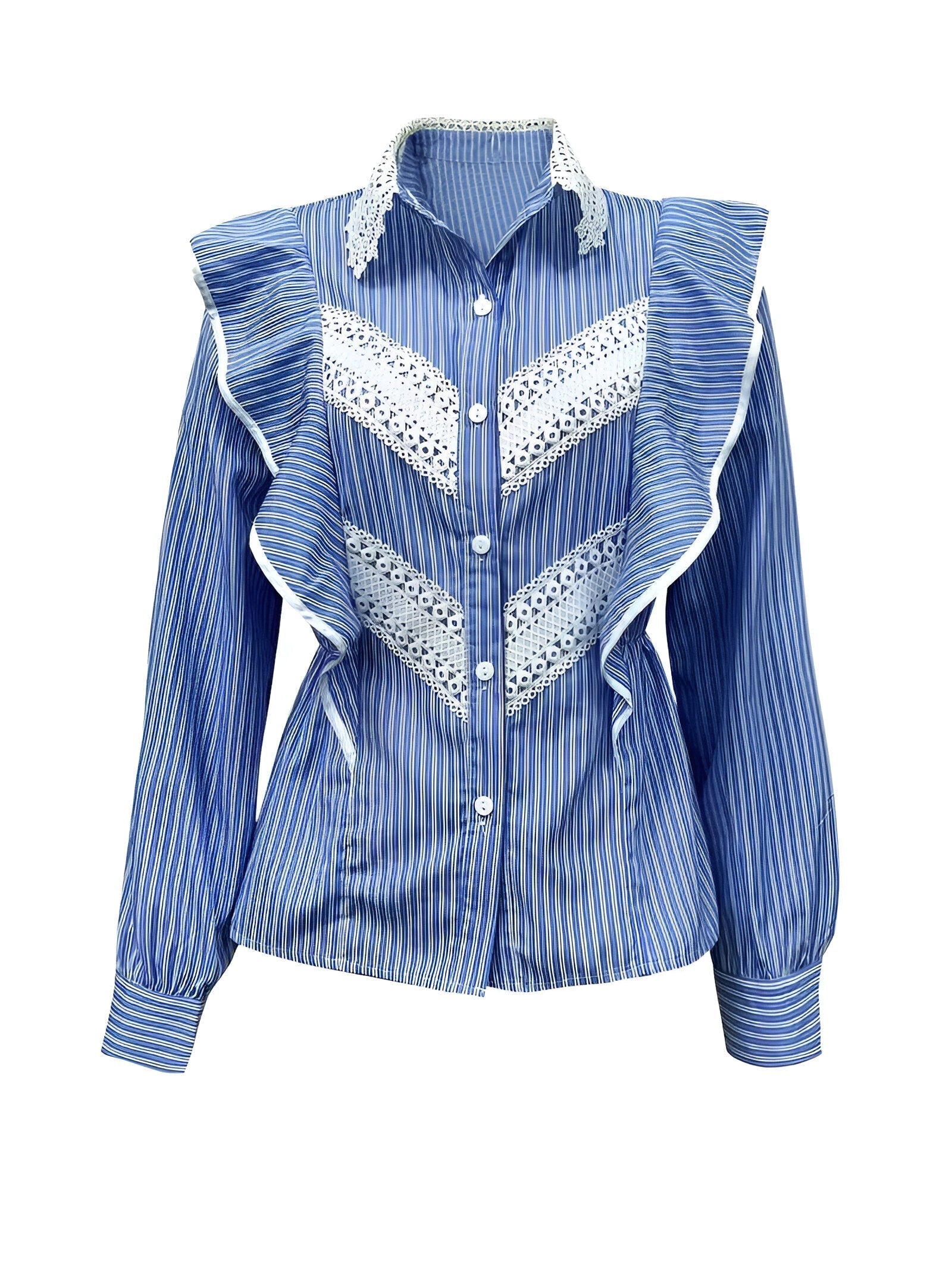 Dam Skjorta Långärmad Randig med Ruffles Mjukt Tyg-6