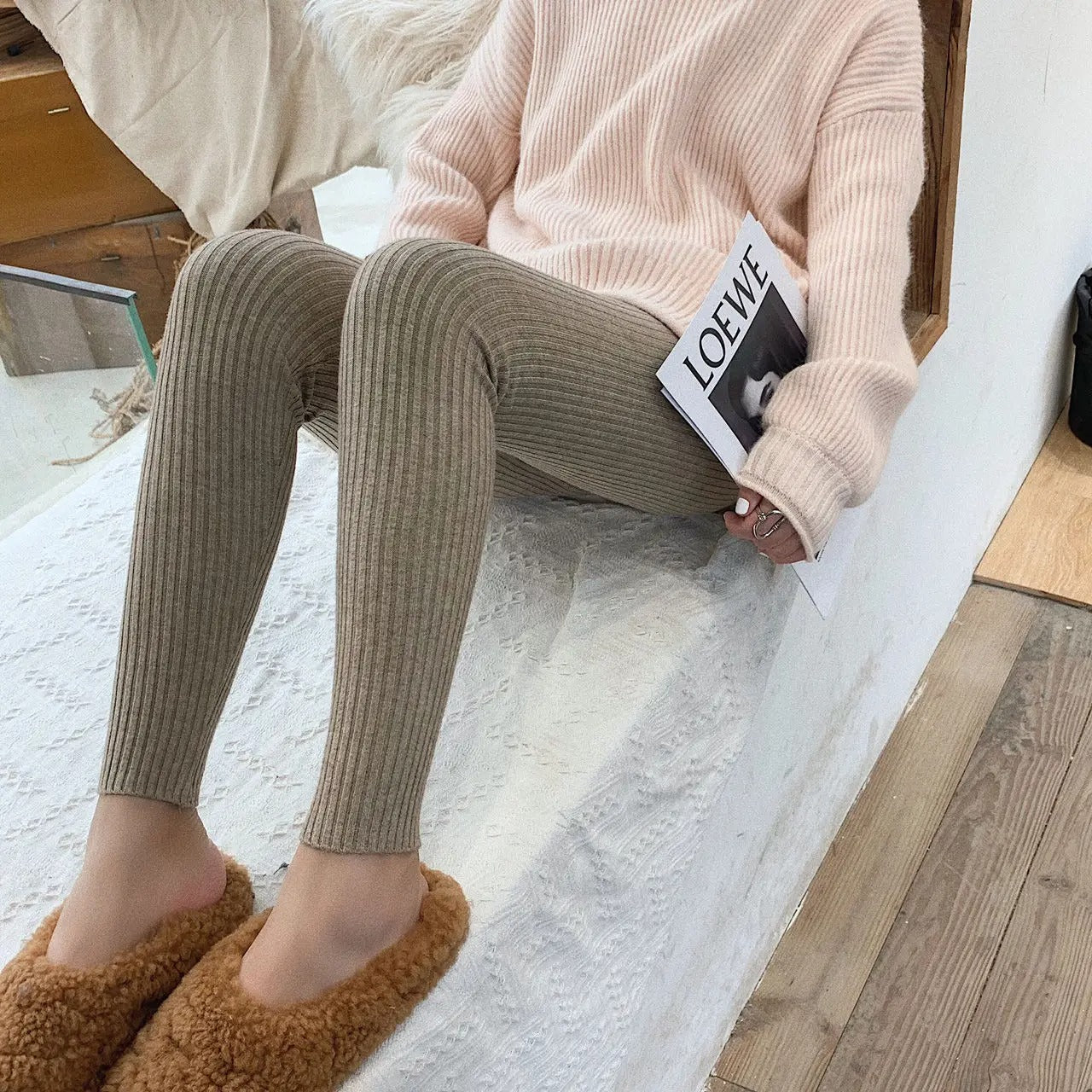 Stickade ribbade leggings med hög midja för kvinnor