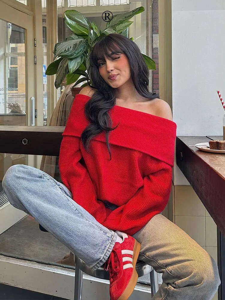Stickad tröja med off shoulder för kvinnor