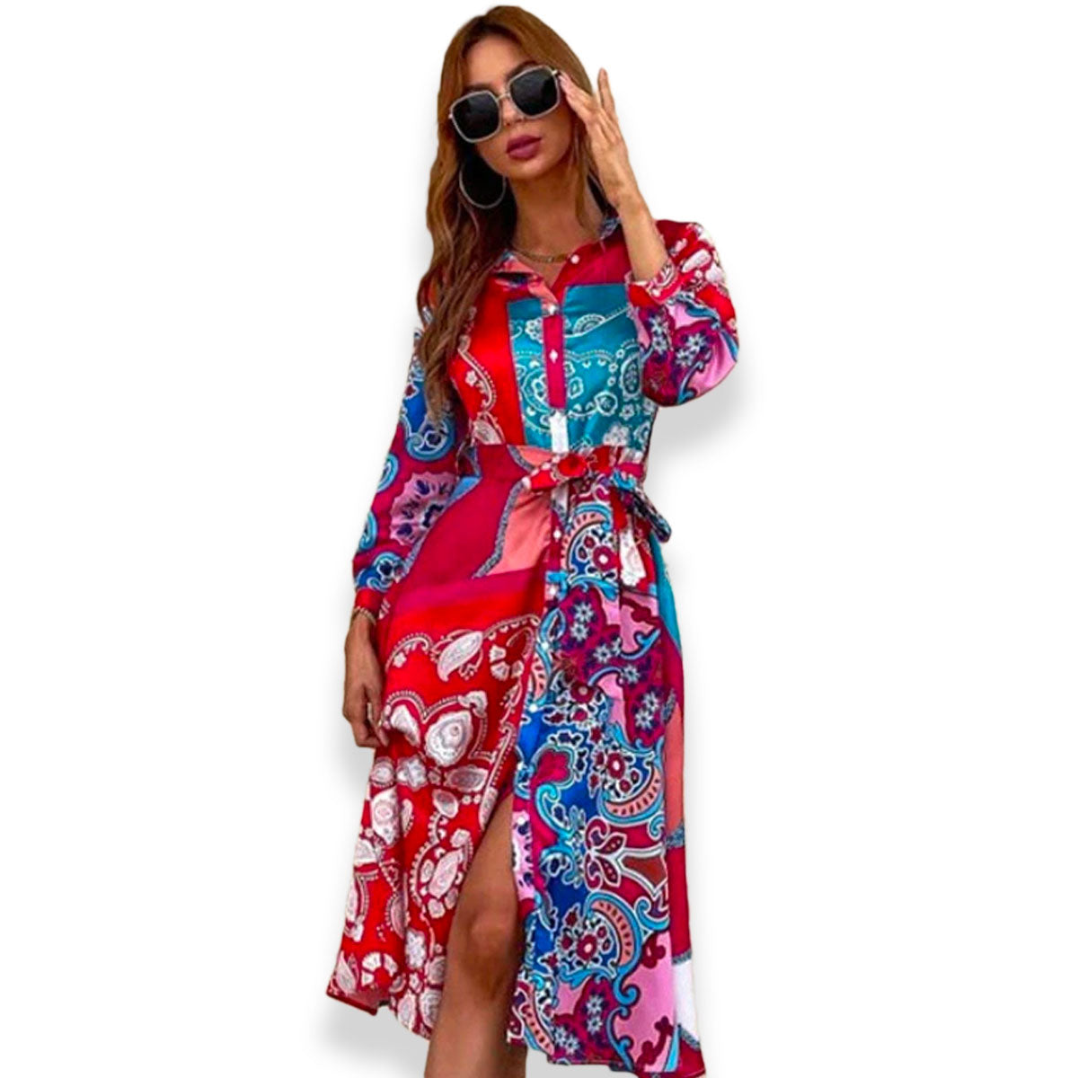 Print Belted skjortklänning med bälte