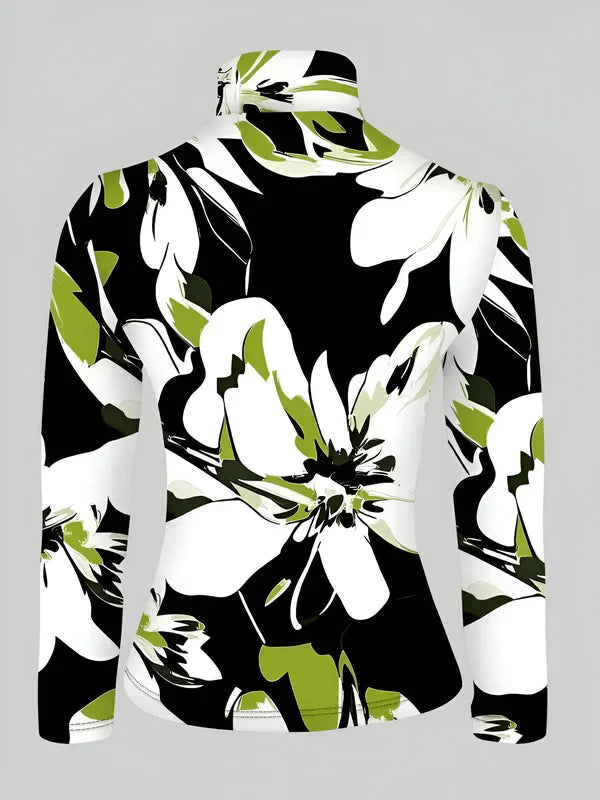 Långärmad T-shirt Dam Turtleneck Blommigt Tryck Mjuk Material-4