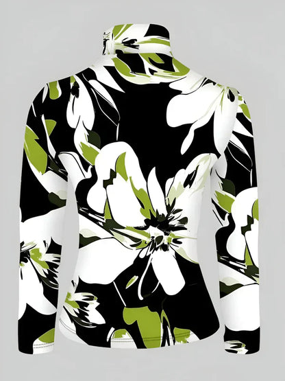 Långärmad T-shirt Dam Turtleneck Blommigt Tryck Mjuk Material-4