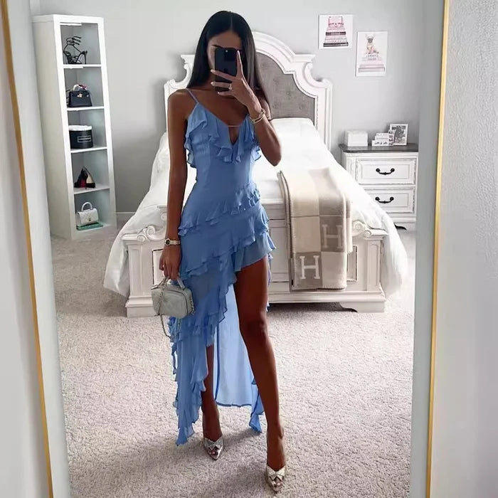 Dam Maxiklänning Asymmetrisk Design i Polyester för Sommar-1