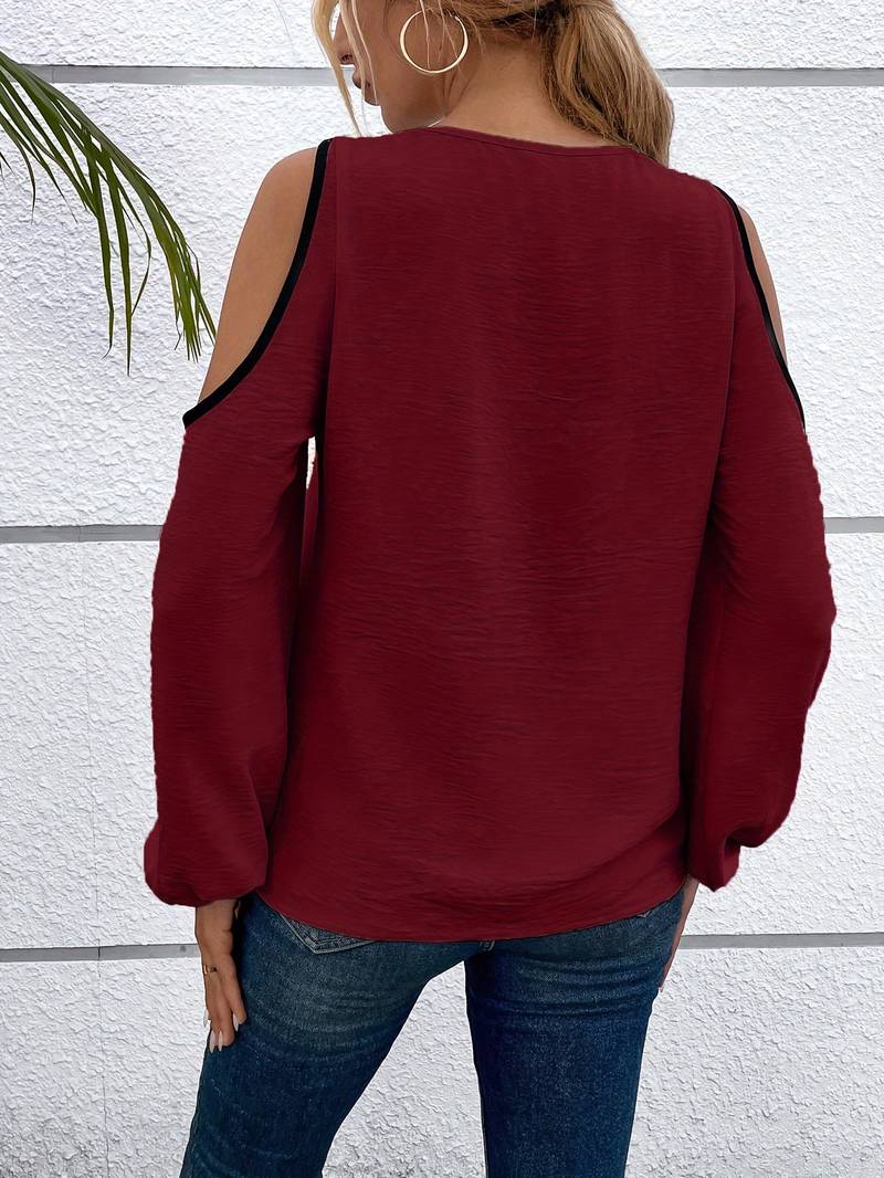 Blus Dam Färgblock Fyrkantig Halsringning Långa Ärmar Polyester-3