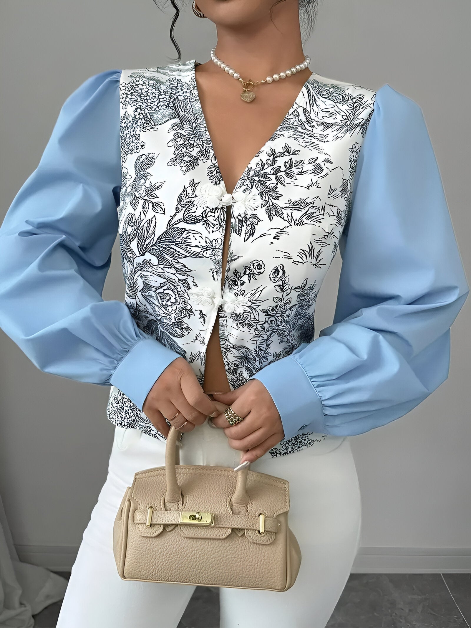 Dam Blus V-hals Blommigt Polyester Lykta Ärmar-5