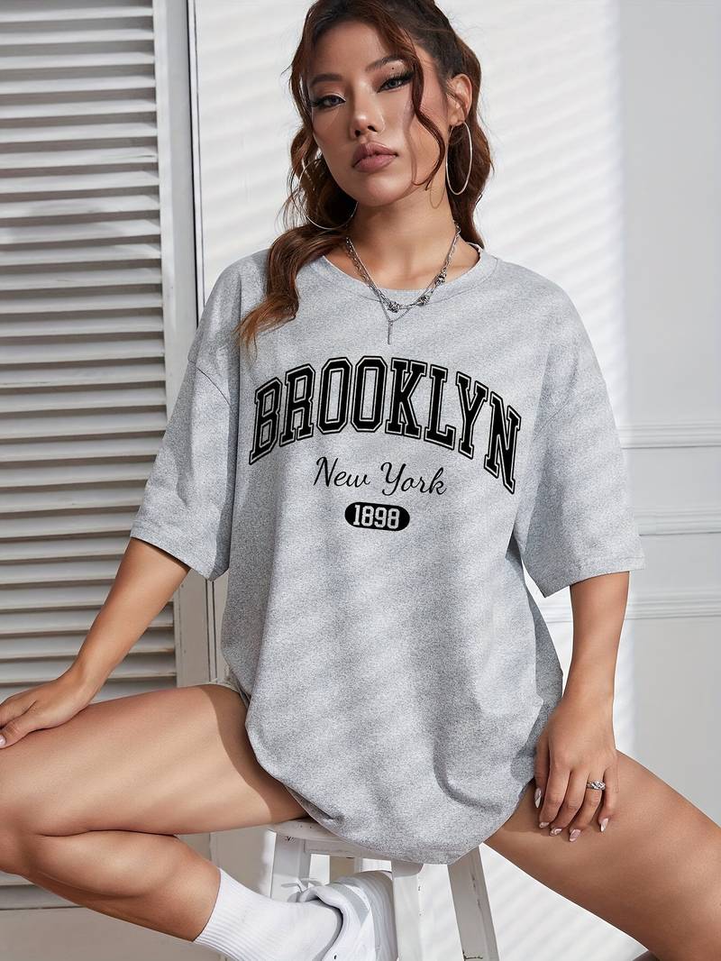 Kvinnors T-shirt Cirkulär Hals Brooklyn-tryck Bomull-4