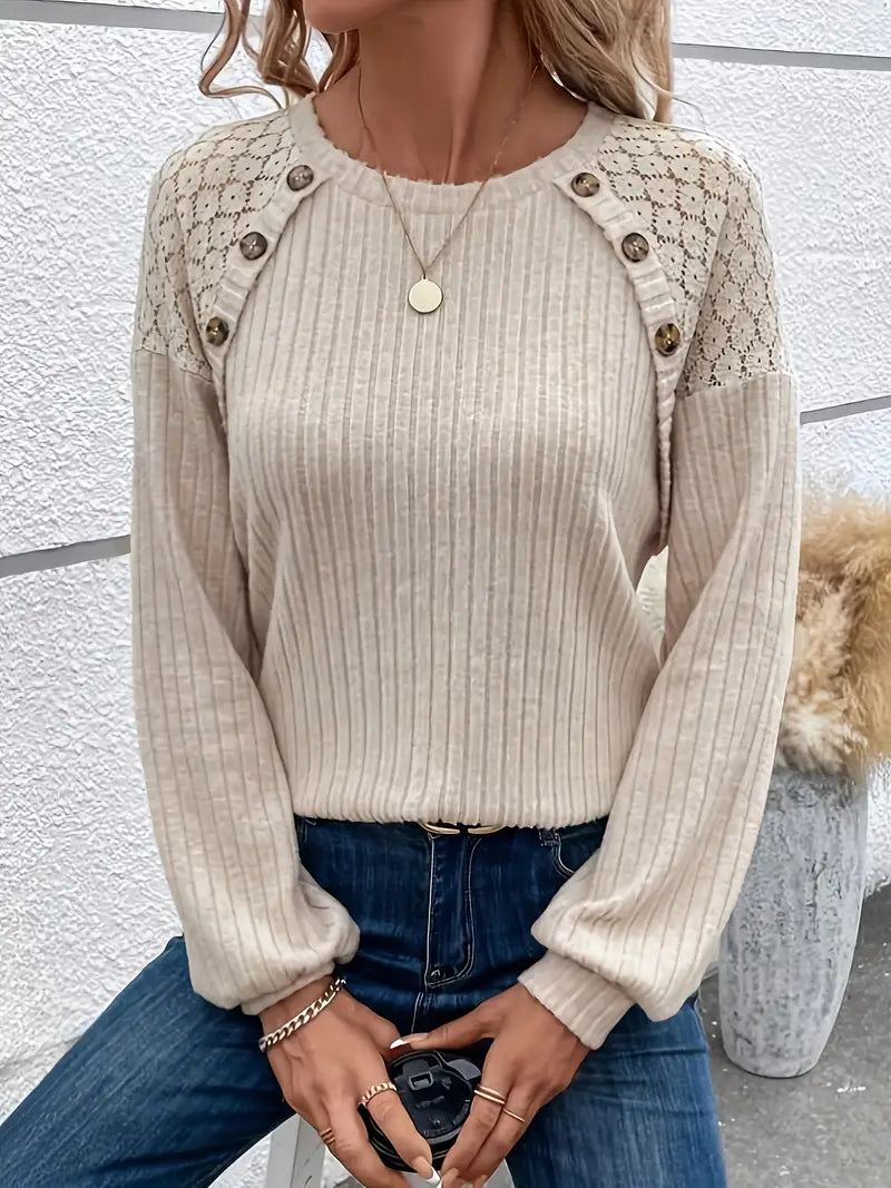 Dam Långärmad T-shirt Rund Halsringning Mjuk Bomullsmix-2