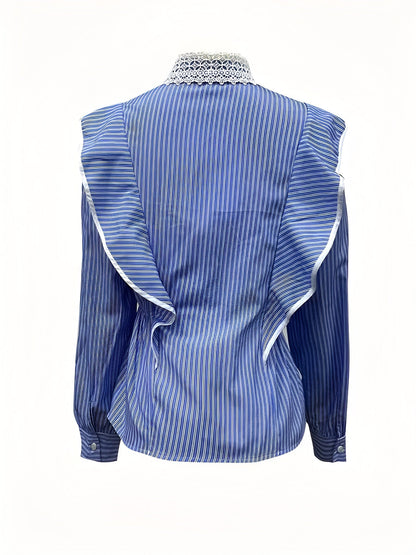 Dam Skjorta Långärmad Randig med Ruffles Mjukt Tyg-2