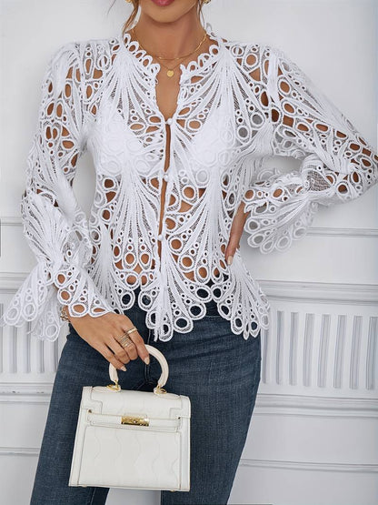 Vit Blus Dam Asymmetrisk med Utskärningar i Polyester-4