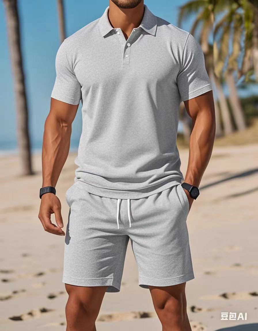 Herrens Sommar Set Polo och Shorts Ton-sur-Ton Struktur Lätt Vävt Material