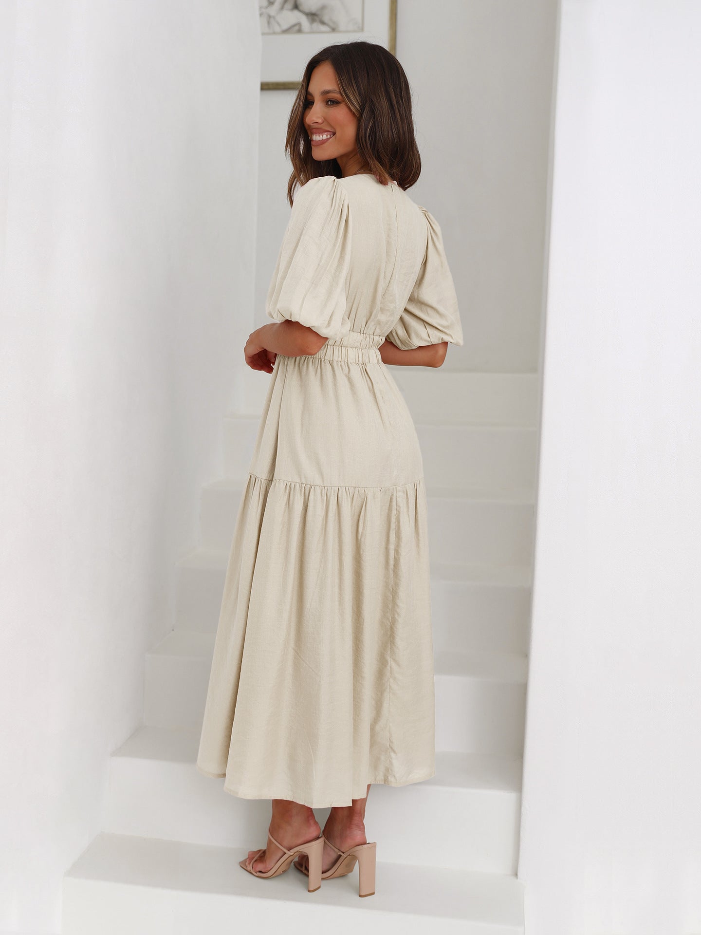 Kvinna Klänning V-ringning Puffärmar Polyester-2