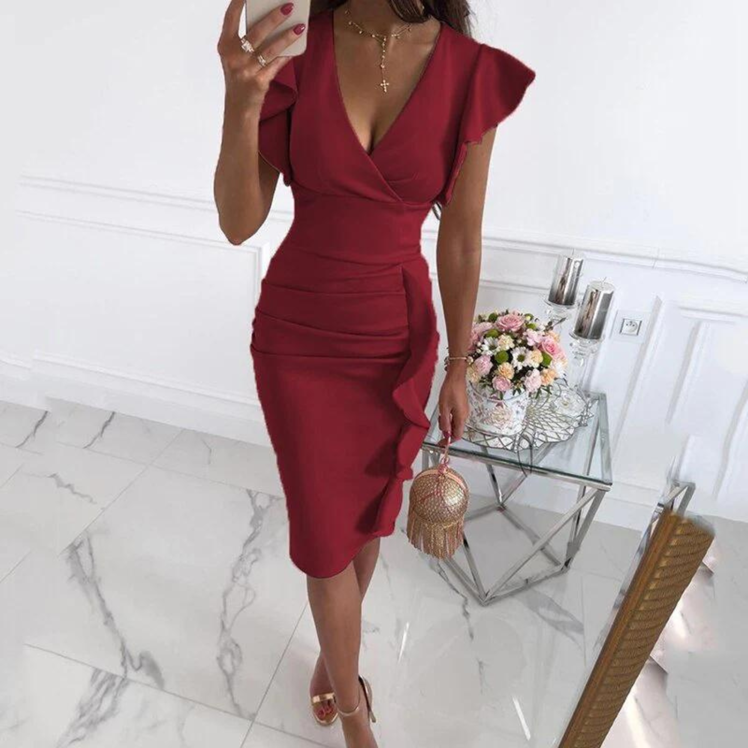 Variant image for Kvinna Klänning V-ringning Rekommenderade Ärmar Mjuk Material-73