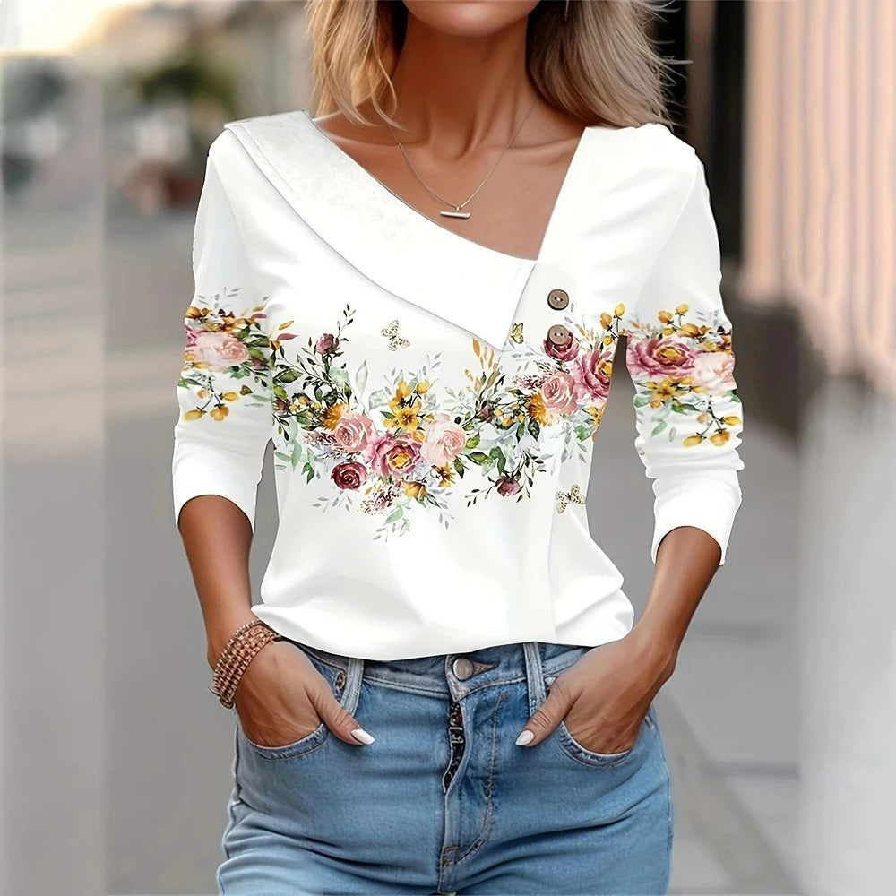 Dam Blus Långa Ärmar Blommigt Tryck Polyester 5