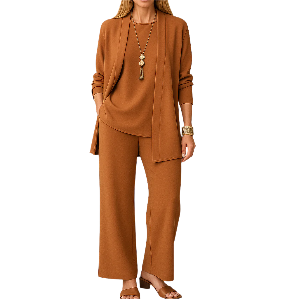 Emma | 3-delad Dams Casual Set | Lång Kofta | Vida Byxor | Mjuk och Ledig Passform