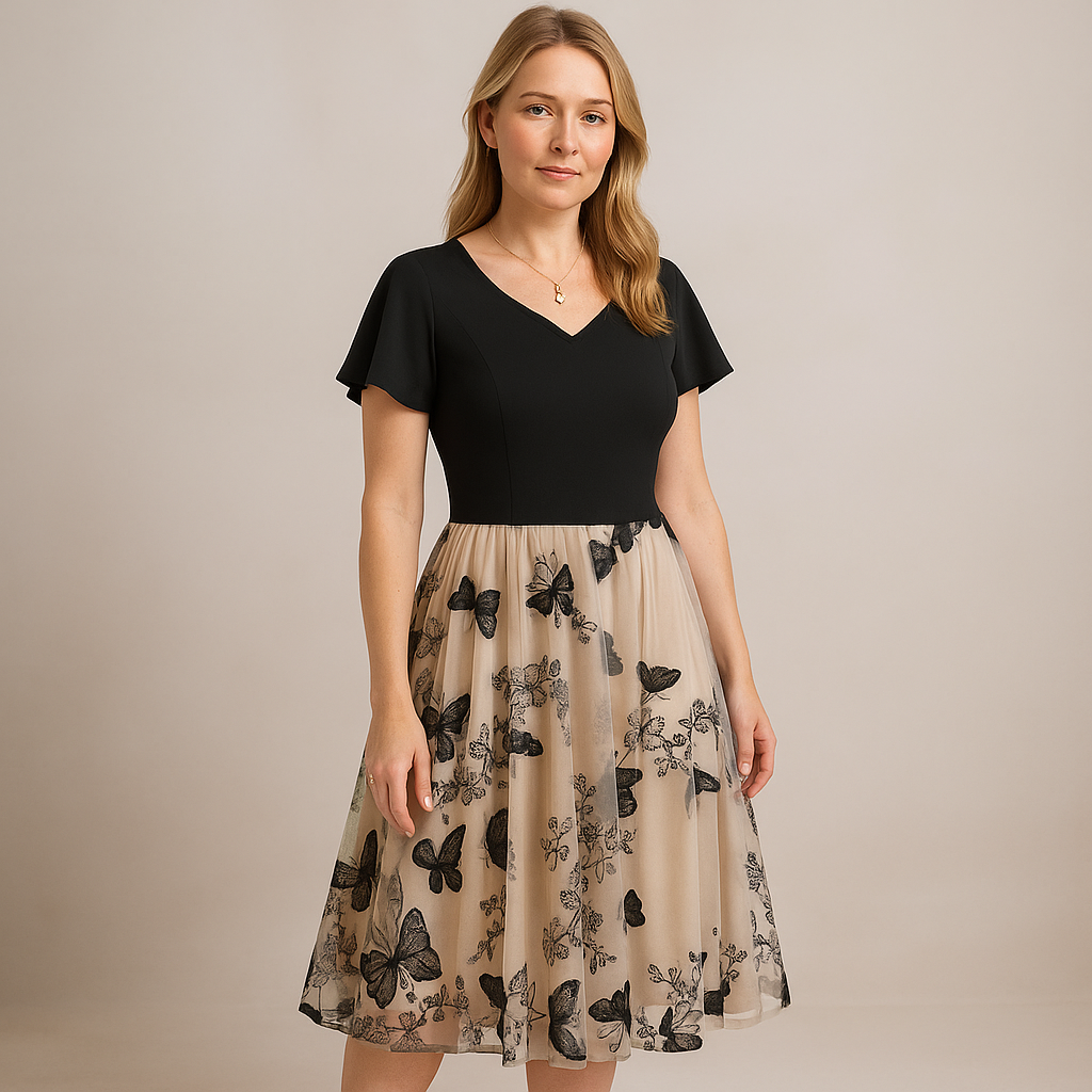 Festklänning Dam | Broderad Mesh | Fjärilsmotiv | V-ringning | Elegant A-linjeform