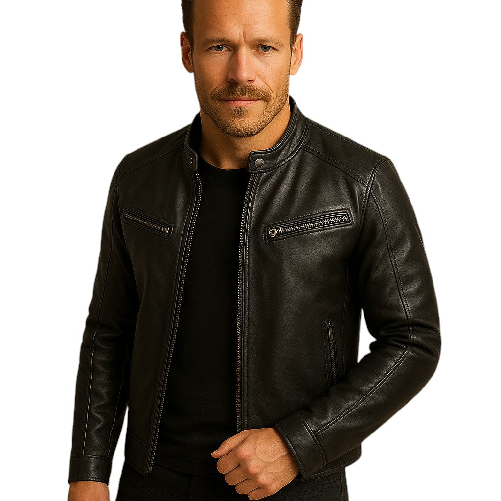 Läderjacka För Herr I Bikerstil | Skinnjacka Med Dragkedjor | MC-Inspirerad Streetwear