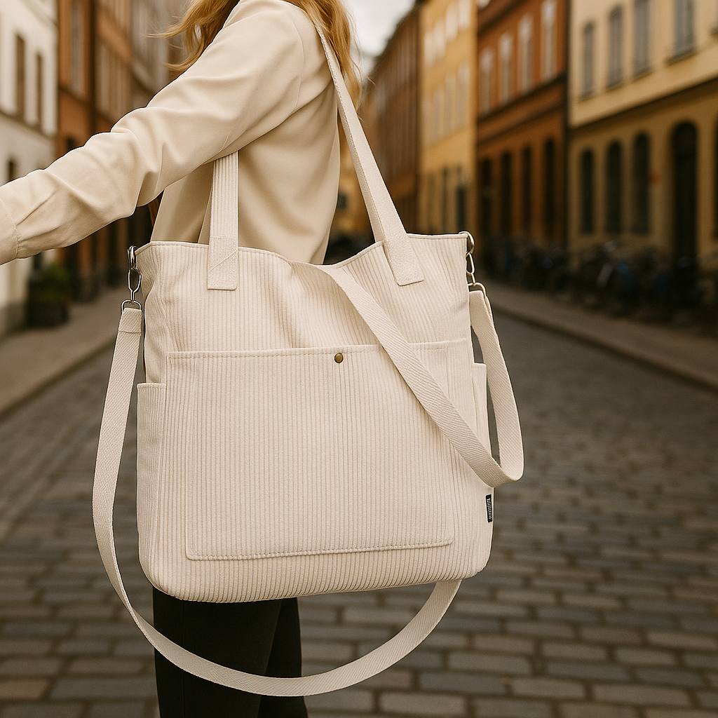 Damväska | Axelremsväska i Mjuk Textil | Praktisk Väska med Flera Fickor