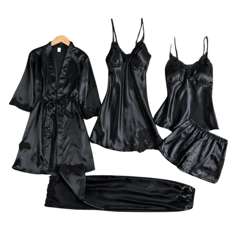 5-i-1 Satin-stil Nattkläder Set | Satin-stil Nattlinne & Pyjamas | Lyxigt Sovplagg Dam
