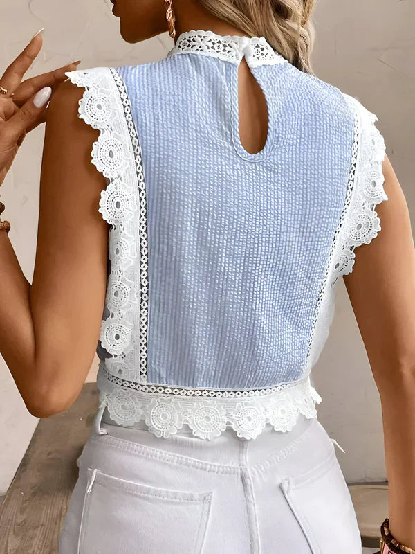 Dam Blus med Blommiga Spetsgränser Graciösa Ärmar Polyester-3